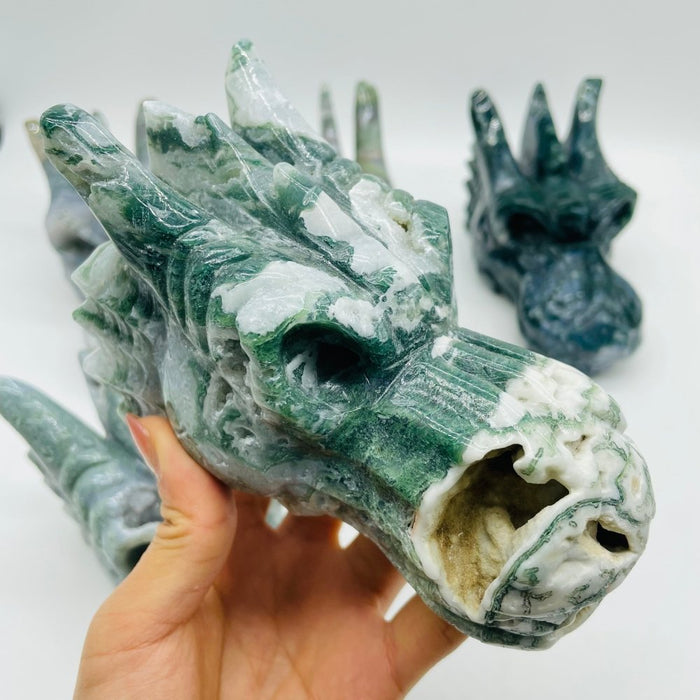 5 Pieces High Quality Geode Moss Agate Dragon Head Carving