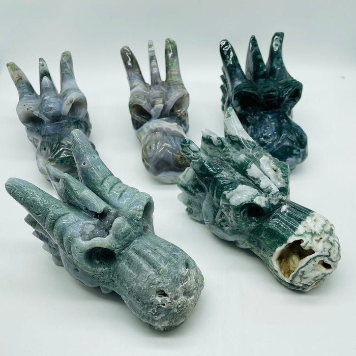 5 Pieces High Quality Geode Moss Agate Dragon Head Carving