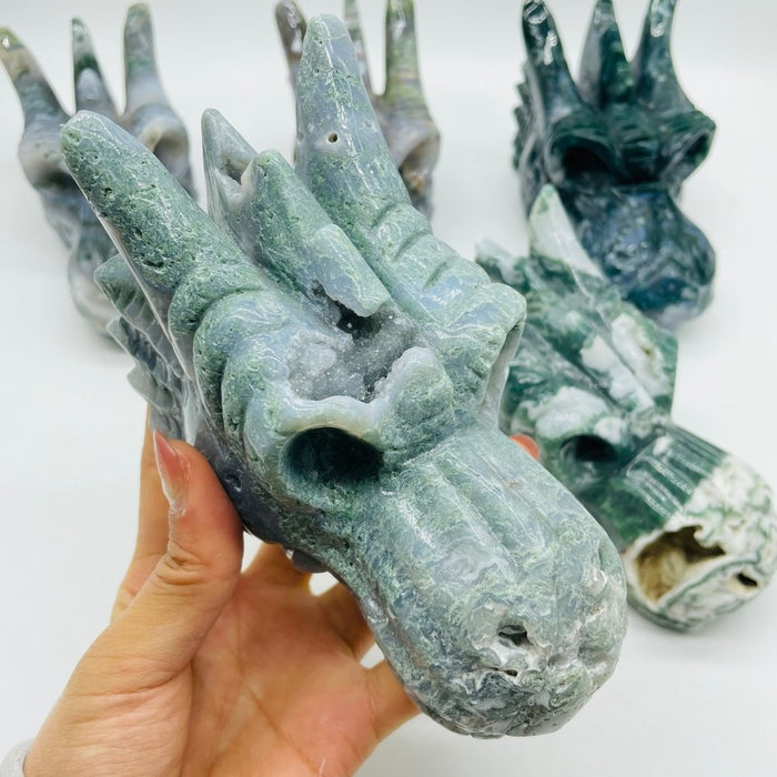 5 Pieces High Quality Geode Moss Agate Dragon Head Carving