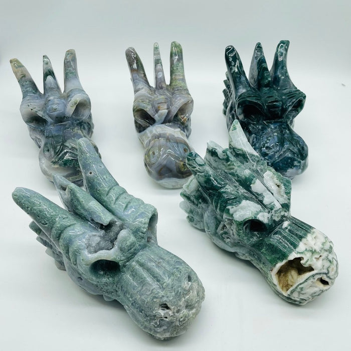 5 Pieces High Quality Geode Moss Agate Dragon Head Carving