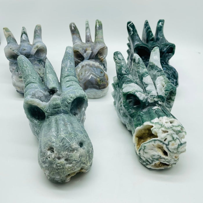 5 Pieces High Quality Geode Moss Agate Dragon Head Carving