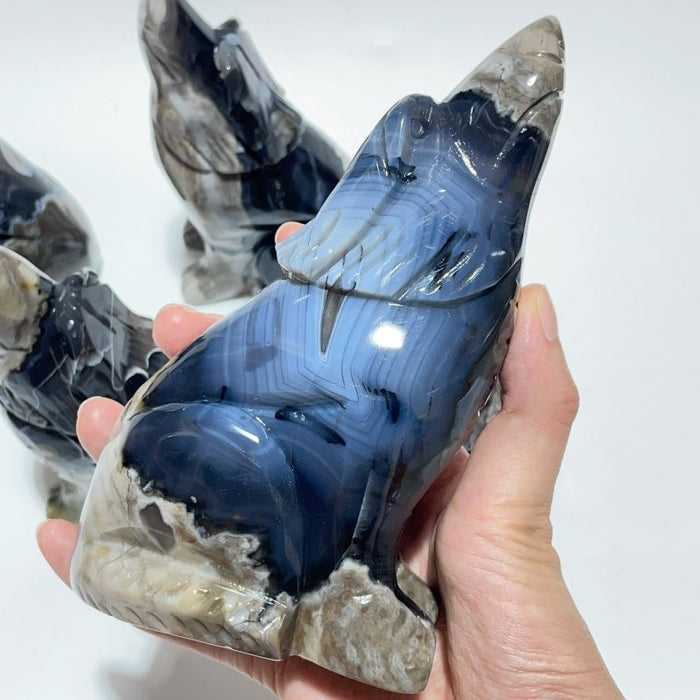 5 Pieces Large Volcanic Agate Wolf Carving(UV-Reactive)