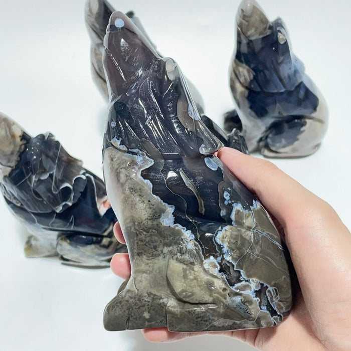 5 Pieces Large Volcanic Agate Wolf Carving(UV-Reactive)