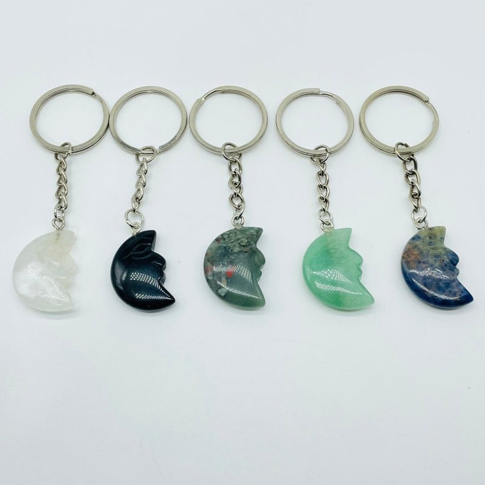 5 Types Moon Face Crystal Keychain Carving Wholesale Clear Quartz Black Obsidian