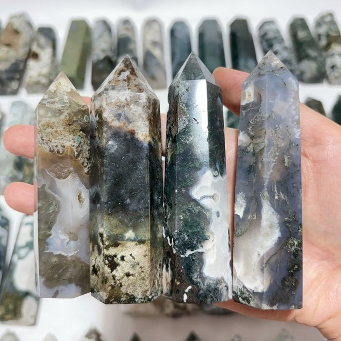 57 Pieces Fat Moss Agate Tower Points
