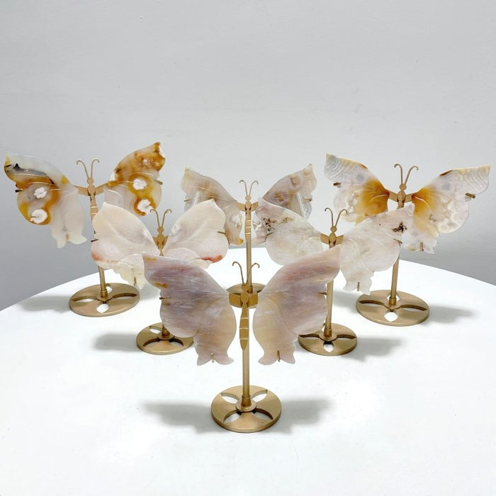 6 Pairs Beautiful Sakura Flower Agate Butterfly Wing Carving With Stand