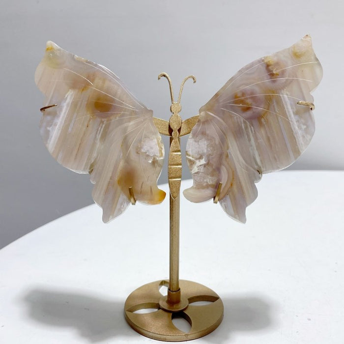 6 Pairs Beautiful Sakura Flower Agate Butterfly Wing Carving With Stand