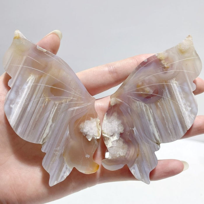 6 Pairs Beautiful Sakura Flower Agate Butterfly Wing Carving With Stand