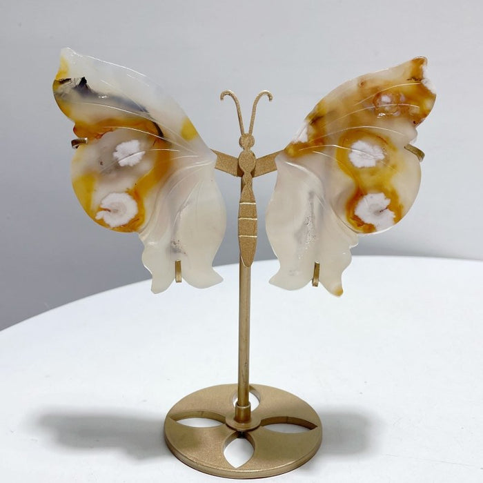 6 Pairs Beautiful Sakura Flower Agate Butterfly Wing Carving With Stand
