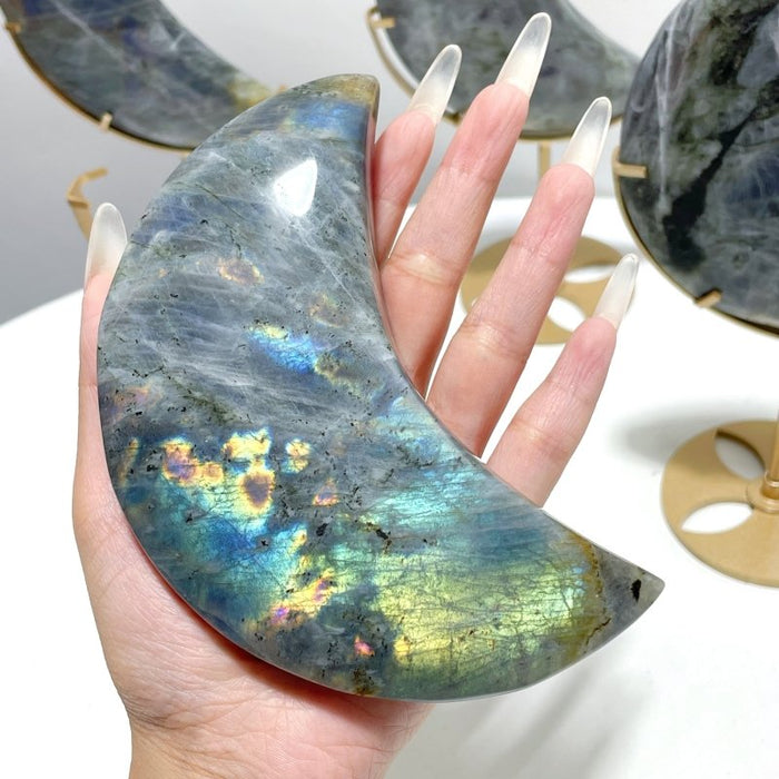 6 Pieces Beautiful Labradorite Moon Carving With Stand