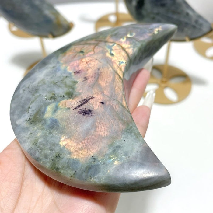6 Pieces Beautiful Labradorite Moon Carving With Stand