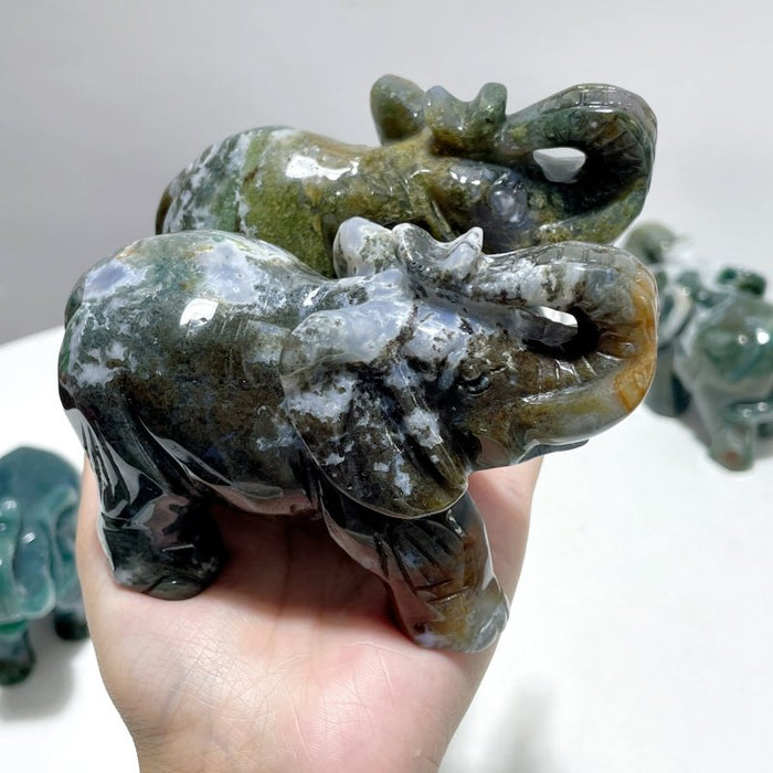 6 Pieces Beautiful Moss Agate Elephant Carving