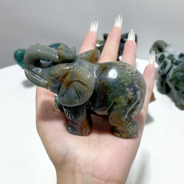 6 Pieces Beautiful Moss Agate Elephant Carving