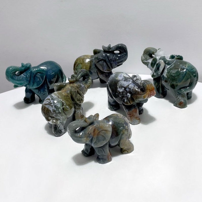 6 Pieces Beautiful Moss Agate Elephant Carving