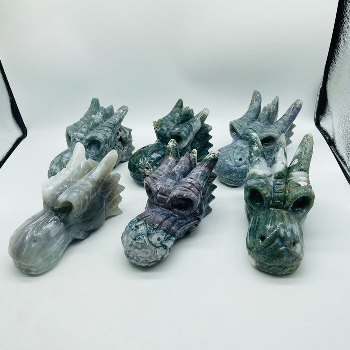 6 Pieces High Quality Moss Agate Dragon Head Carving