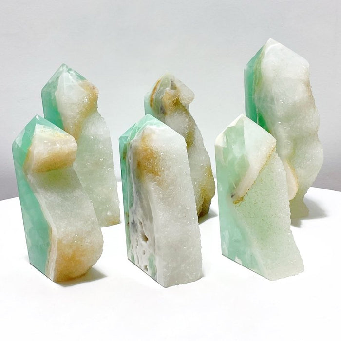 6 Pieces Large Green Fluorite Druzy Geode Tower Points