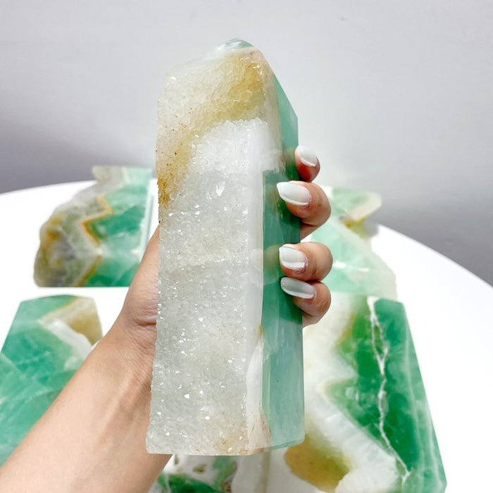 6 Pieces Large Green Fluorite Druzy Geode Tower Points