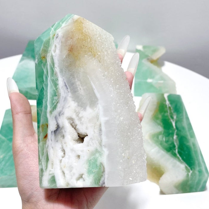 6 Pieces Large Green Fluorite Druzy Geode Tower Points