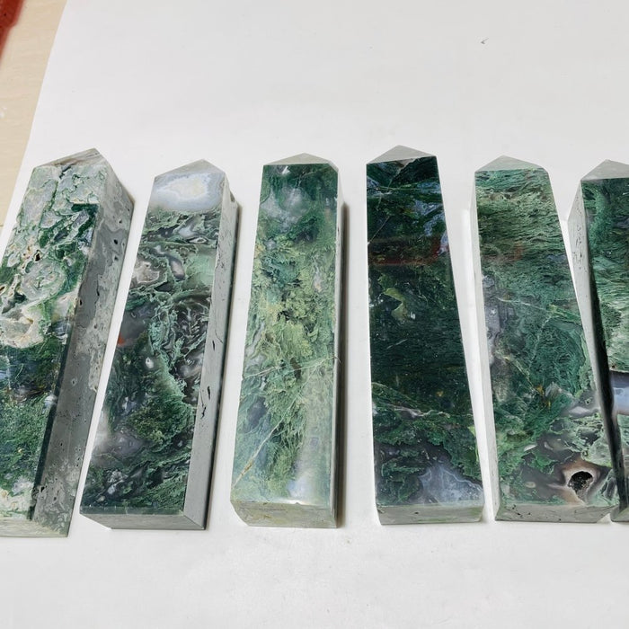 6 Pieces Large Moss Agate Four-Sided Tower Points