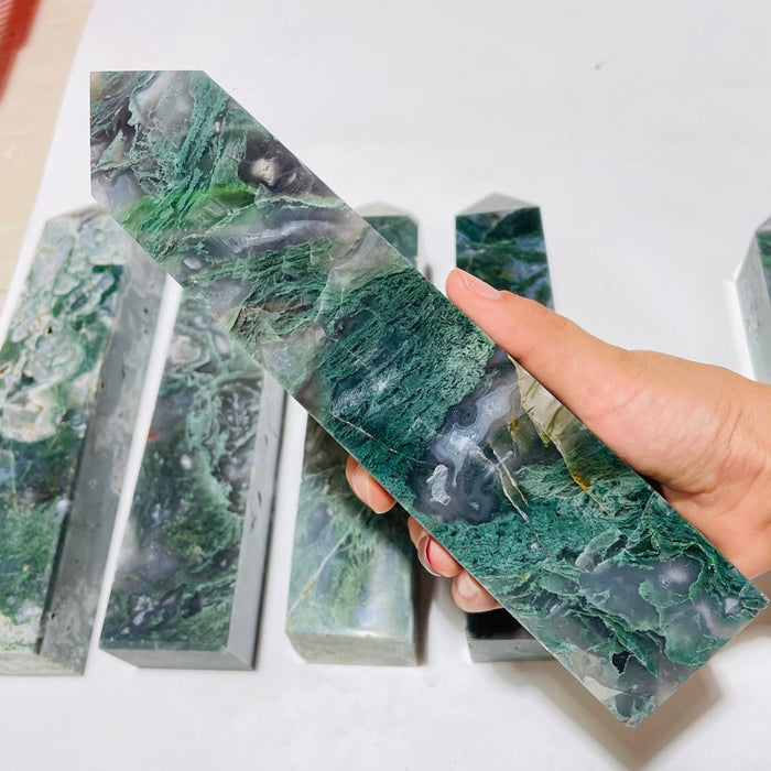6 Pieces Large Moss Agate Four-Sided Tower Points