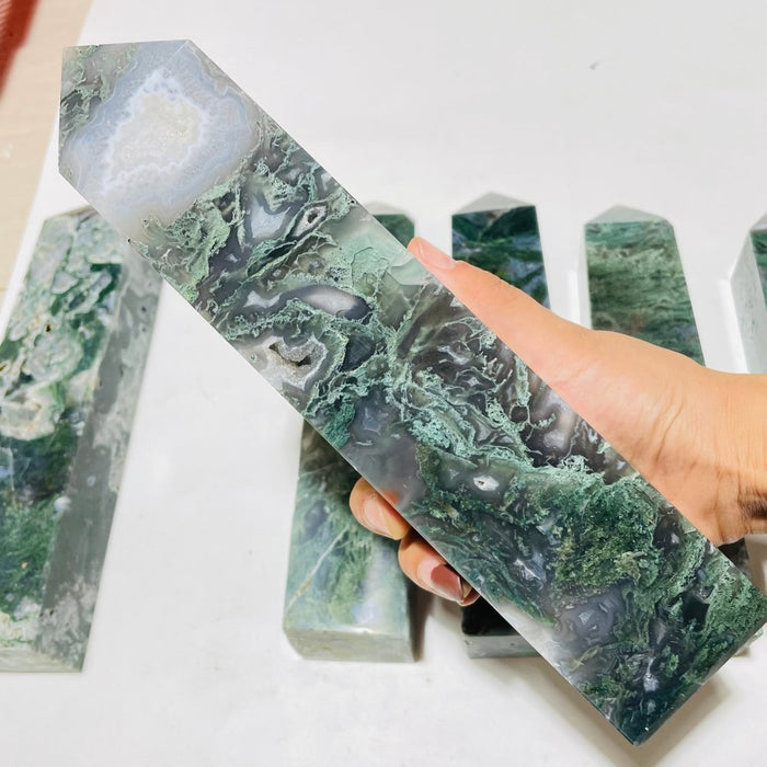 6 Pieces Large Moss Agate Four-Sided Tower Points