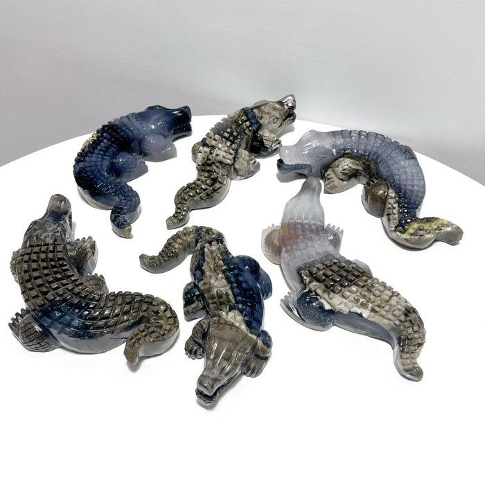 6 Pieces Large Volcanic Agate Crocodile Carving(UV-Reactive)