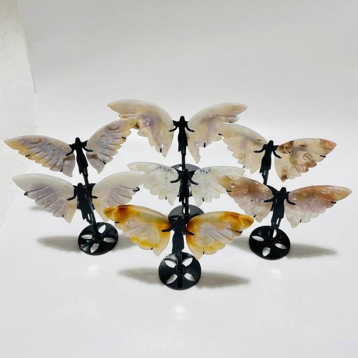 7 Pairs Sakura Flower Agate Small Angel Wing Carving With Stand