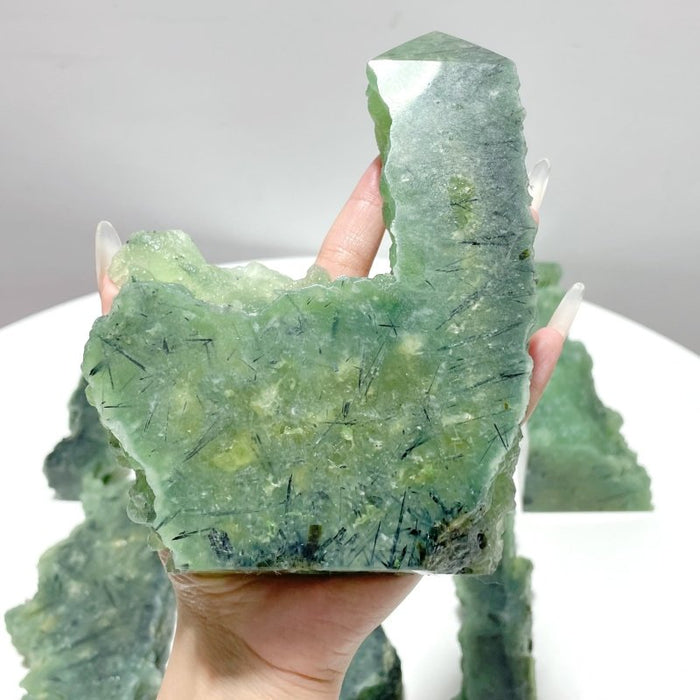 7 Pieces Large Natural Prehnite Tower Raw Side