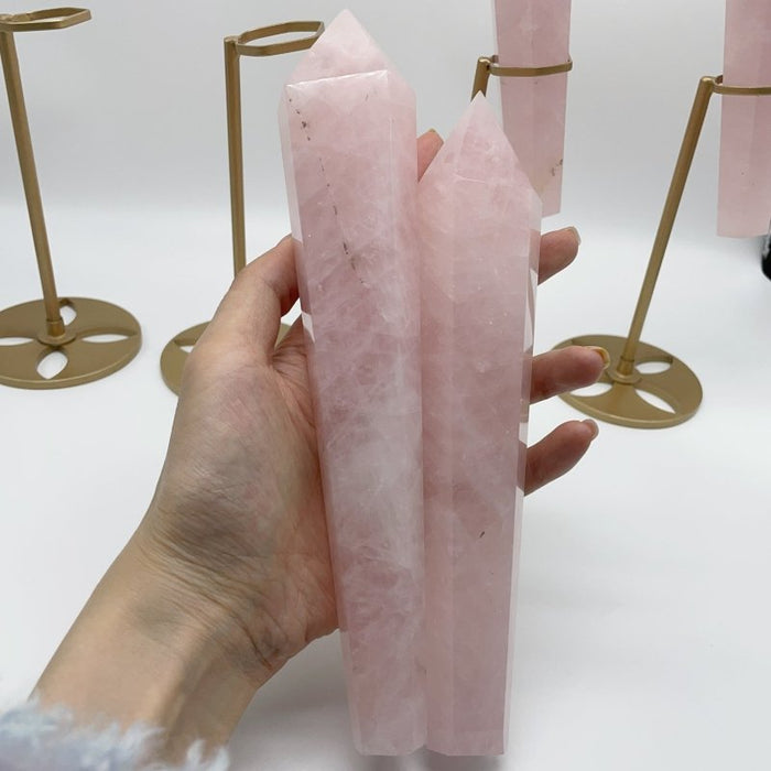 7 Pieces Rose Quartz Point Magic Scepter Wand with Holder Stand