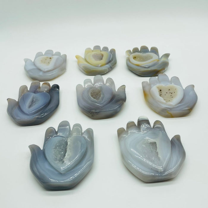 8 Pieces Geode Druzy Agate Stand Beautiful Hand Heart Carving