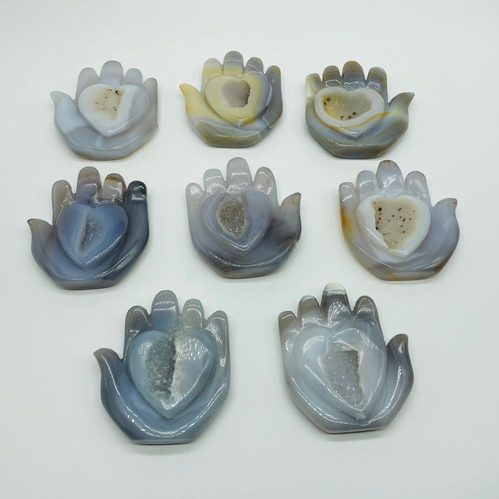 8 Pieces Geode Druzy Agate Stand Beautiful Hand Heart Carving