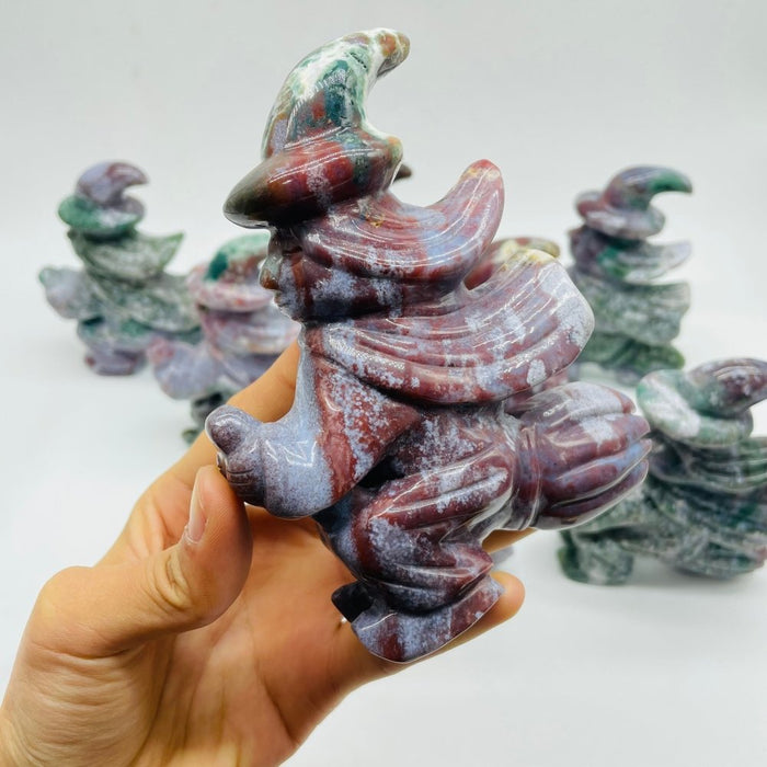 8 Pieces Ocean Jasper Witch Riding A Broom Hand Carving