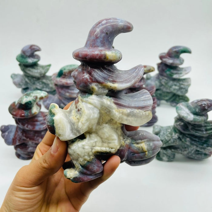 8 Pieces Ocean Jasper Witch Riding A Broom Hand Carving