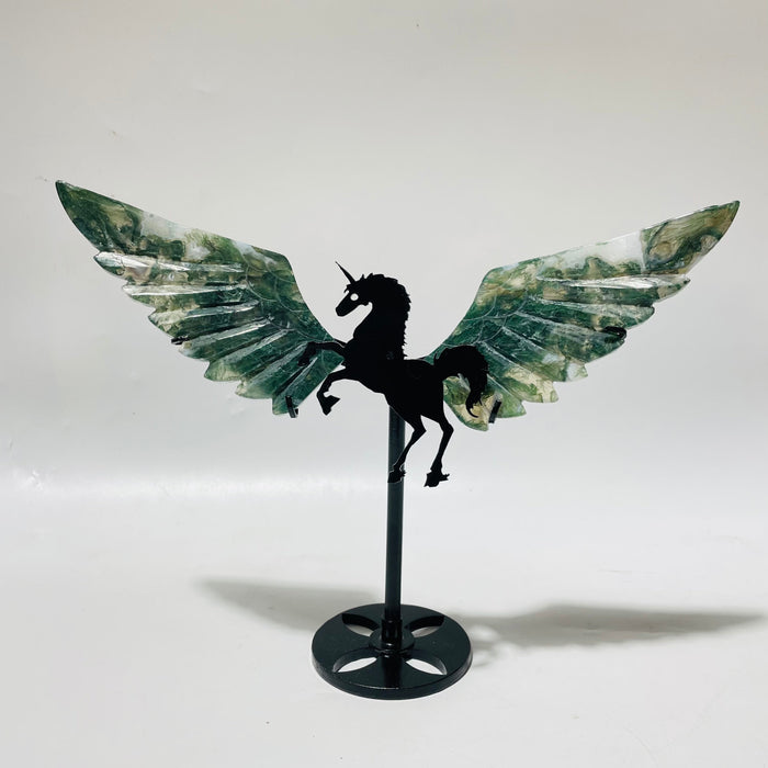 9 Pairs Moss Agate Small Pegasus Wing Carving With Stand