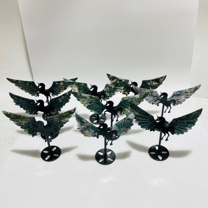 9 Pairs Moss Agate Small Pegasus Wing Carving With Stand