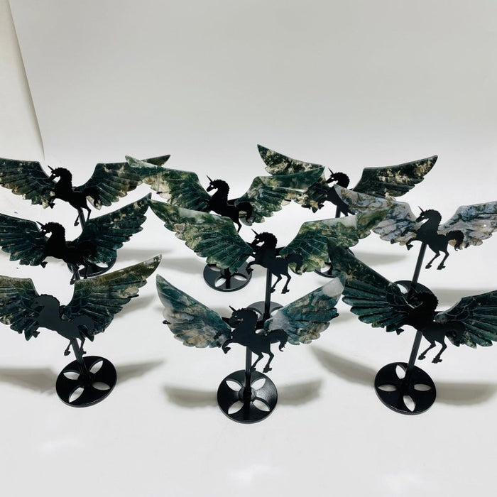 9 Pairs Moss Agate Small Pegasus Wing Carving With Stand
