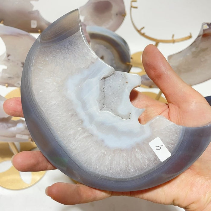 9 Pieces Beautiful Geode Agate Moon Face Carving With Stand