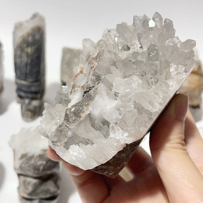 9 Pieces Clear Quartz Cluster Indian Skull Carving