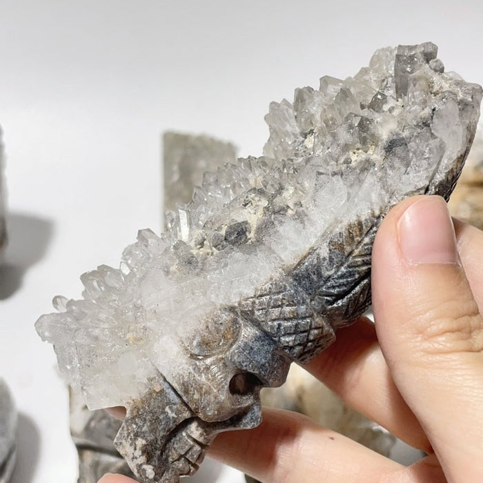 9 Pieces Clear Quartz Cluster Indian Skull Carving