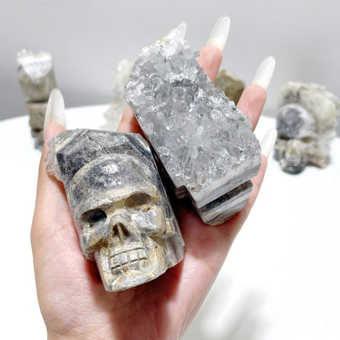 9 Pieces Clear Quartz Cluster Indian Skull Carving