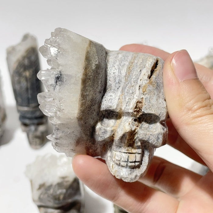 9 Pieces Clear Quartz Cluster Indian Skull Carving