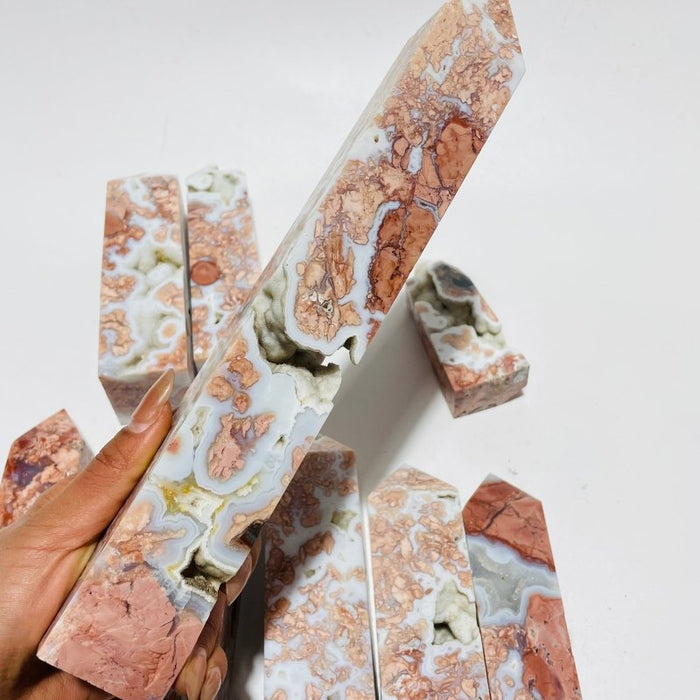 9 Pieces High Quality Pink Flower Agate Druzy Geode Four-sided Tower