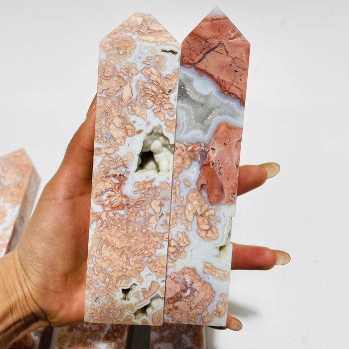 9 Pieces High Quality Pink Flower Agate Druzy Geode Four-sided Tower
