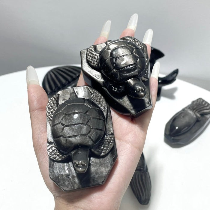 9 Pieces Silver Sheen Obsidian Sea Animals Carving
