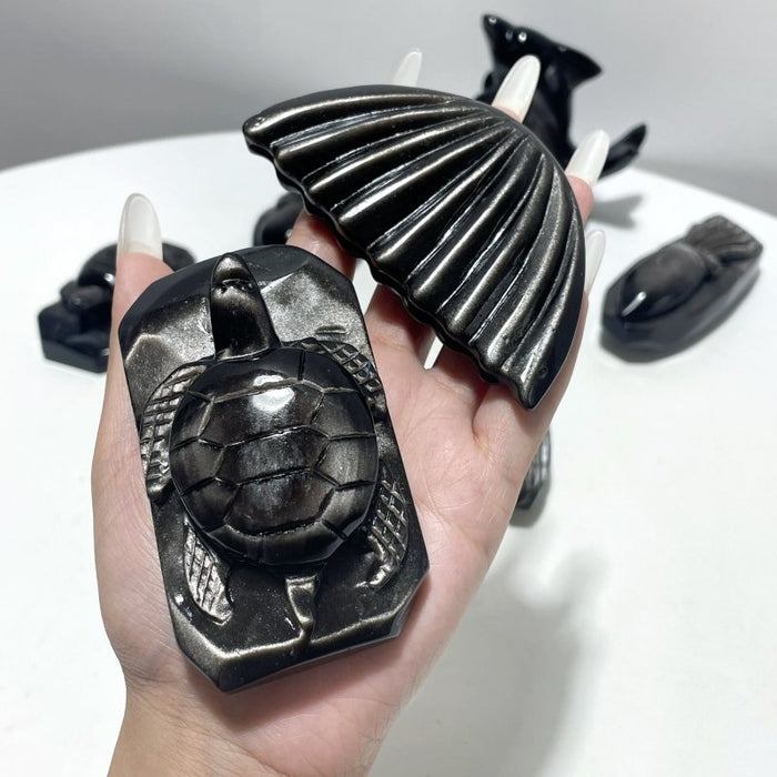 9 Pieces Silver Sheen Obsidian Sea Animals Carving