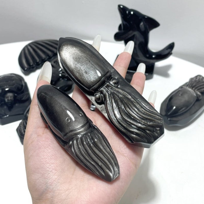 9 Pieces Silver Sheen Obsidian Sea Animals Carving