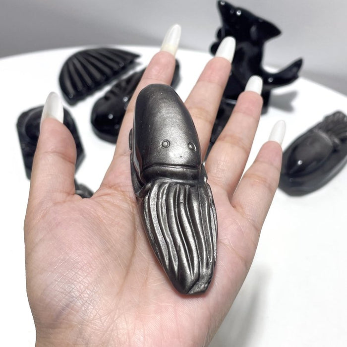 9 Pieces Silver Sheen Obsidian Sea Animals Carving