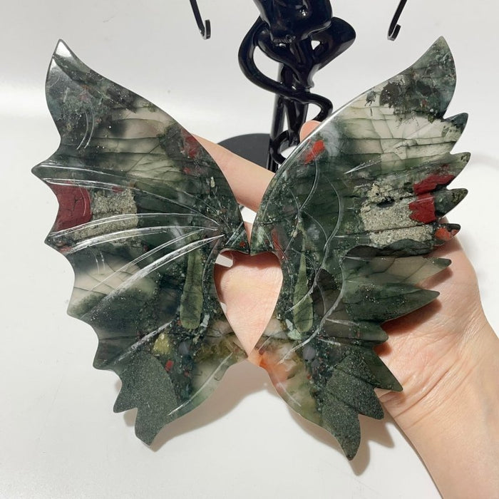 Africa Blood Stone Demon And Angel Wing Carving With Stand