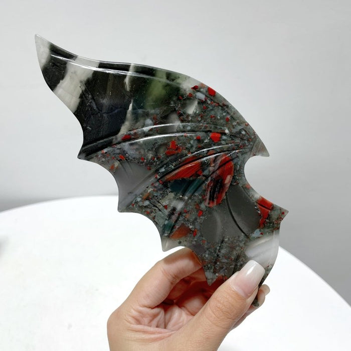Africa Blood Stone Demon And Angel Wing Carving With Stand