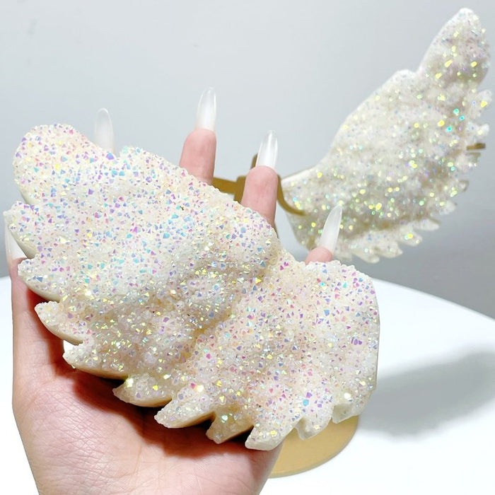 Aura Quartz Cluster Angel Wing Carving With Stand